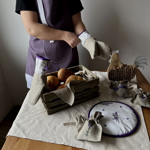 Rękawica lniana - łapka kuchenna Lawenda na białym